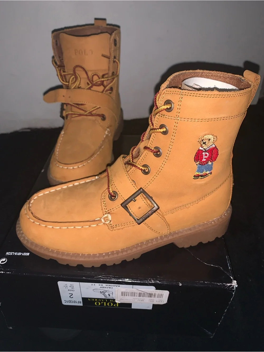 Polo by Ralph Lauren Tan Kids' Nubuck Lace-Up Boots with Bear Embroidery